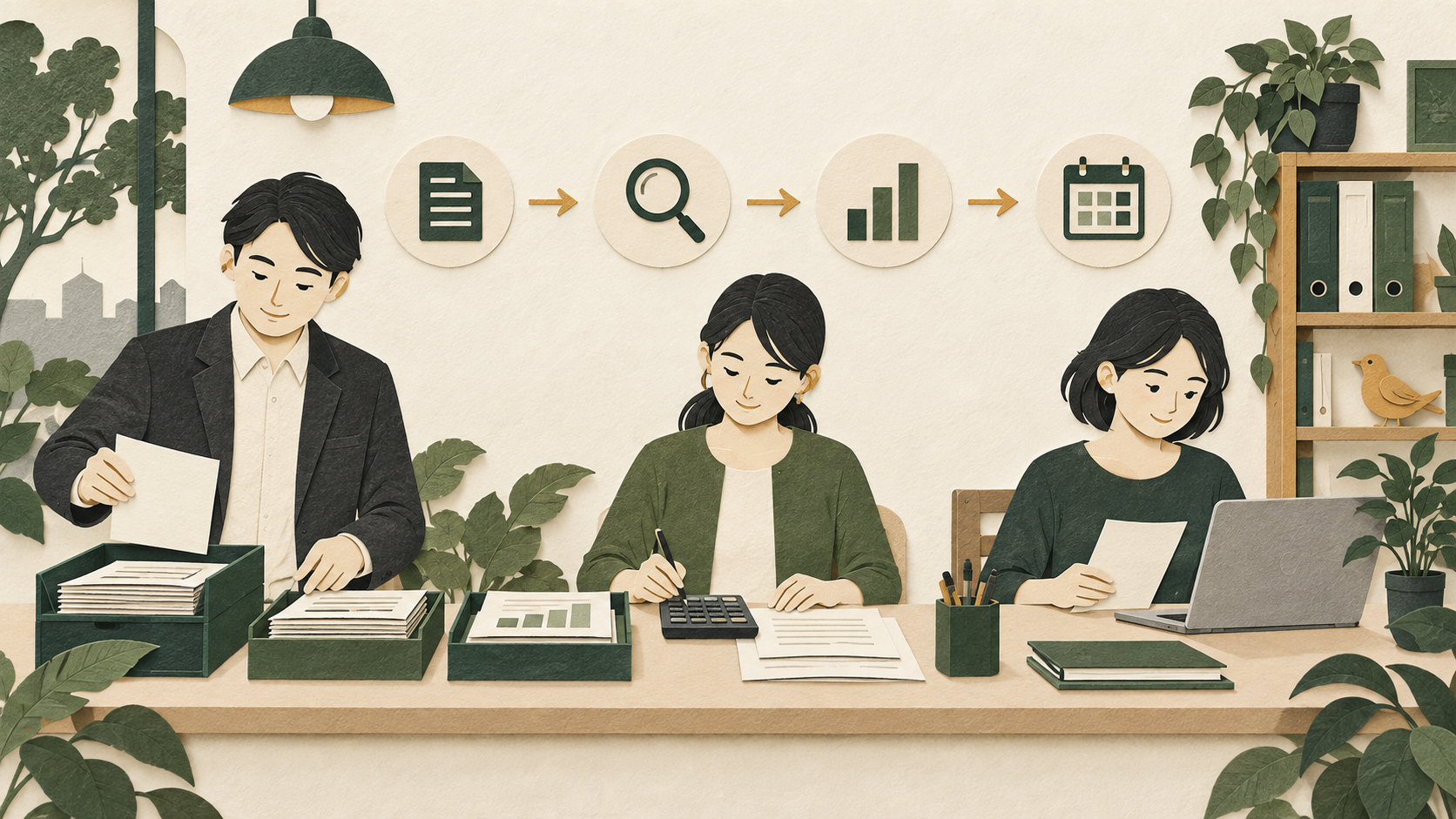請求書から月次報告まで経理の流れを整えるチームの切り絵