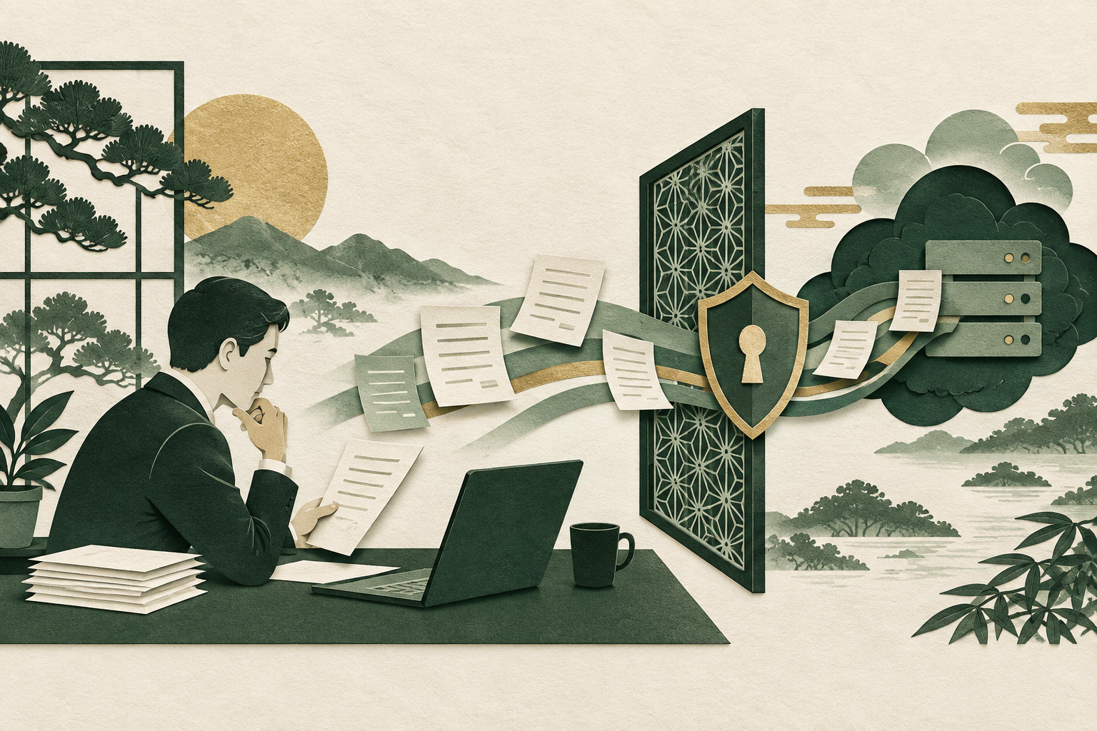 AIを使う専門家が契約書と情報の取り扱いを確認する切り絵風イラスト