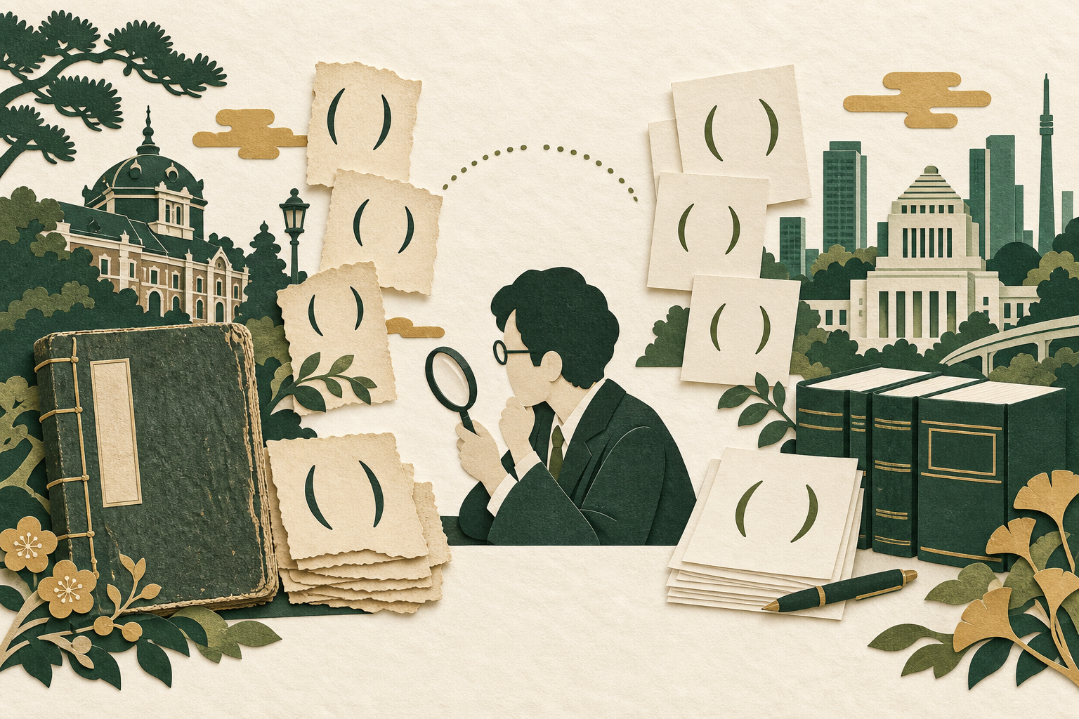 古い法令と新しい法令の括弧を比較して調べる切り絵風イラスト