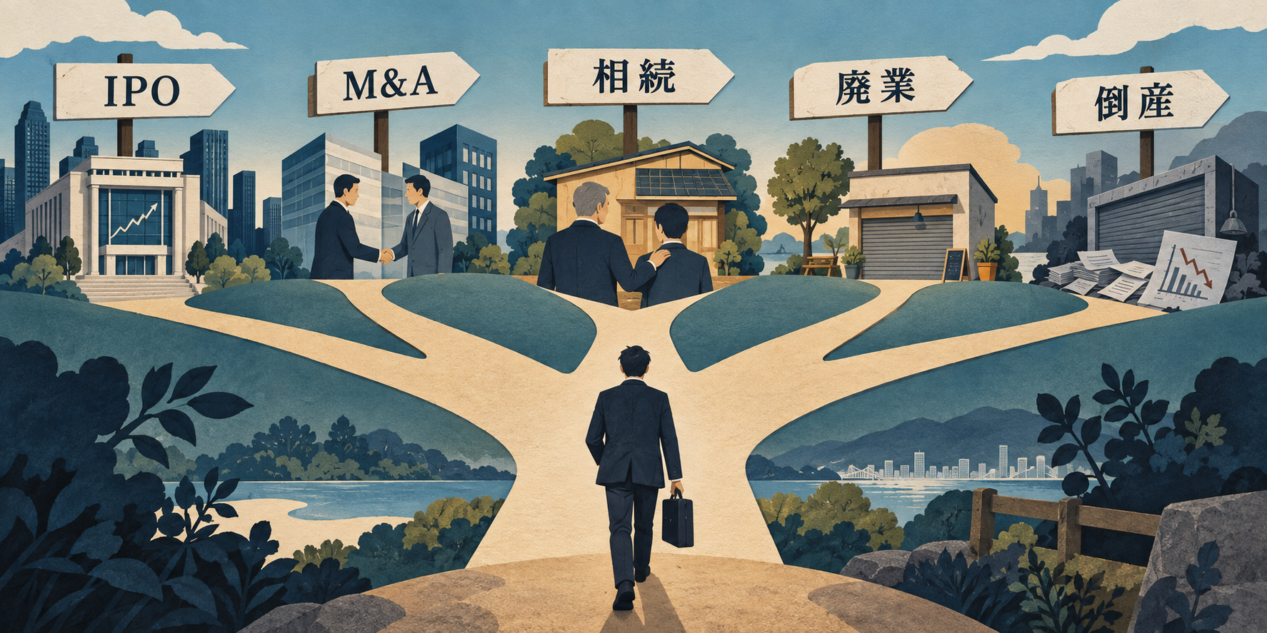 起業家の前にIPO、M&A、相続、廃業、倒産の5つの道が分かれるイラスト