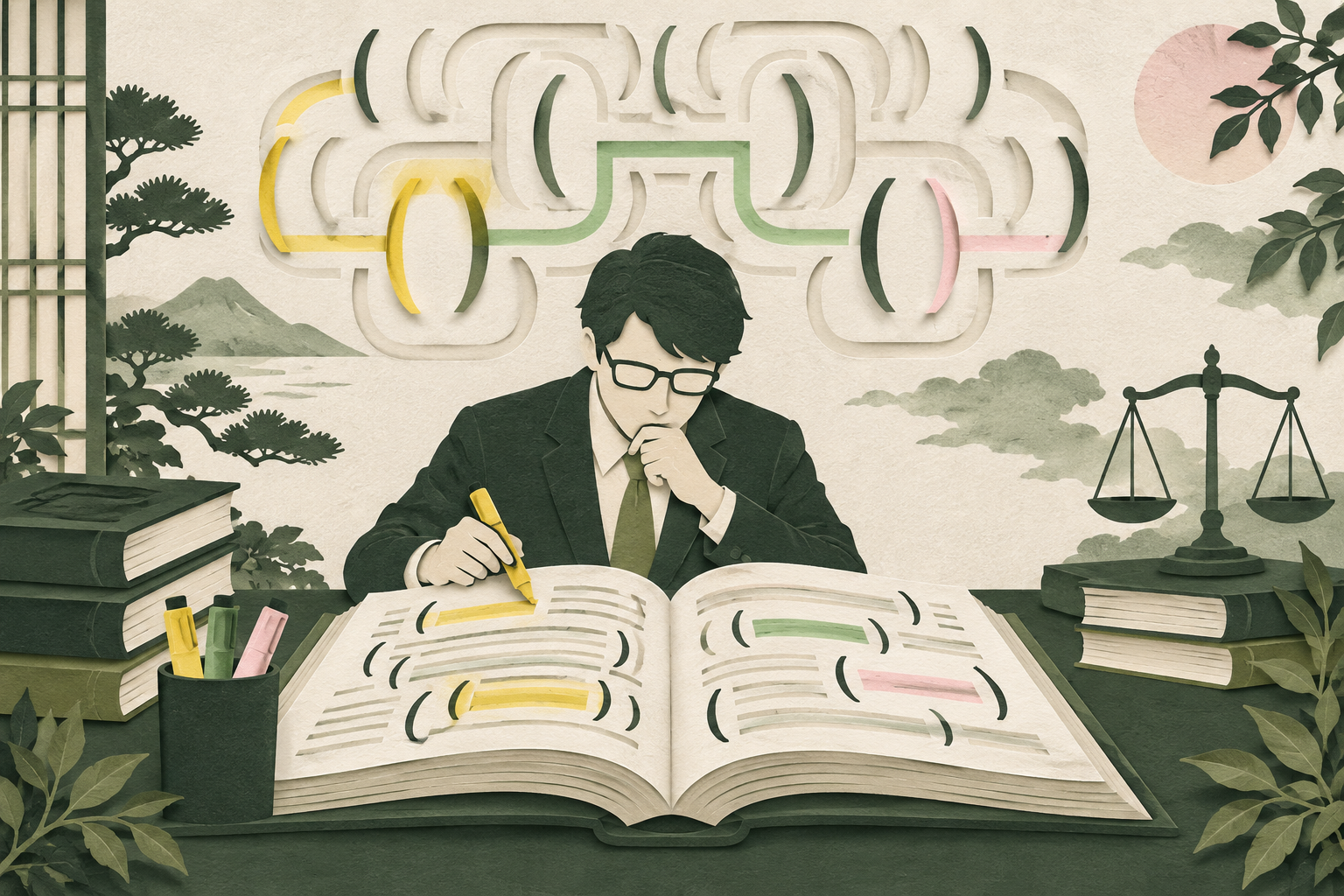 複雑な税法の括弧書きを色分けしながら読み解く切り絵風イラスト